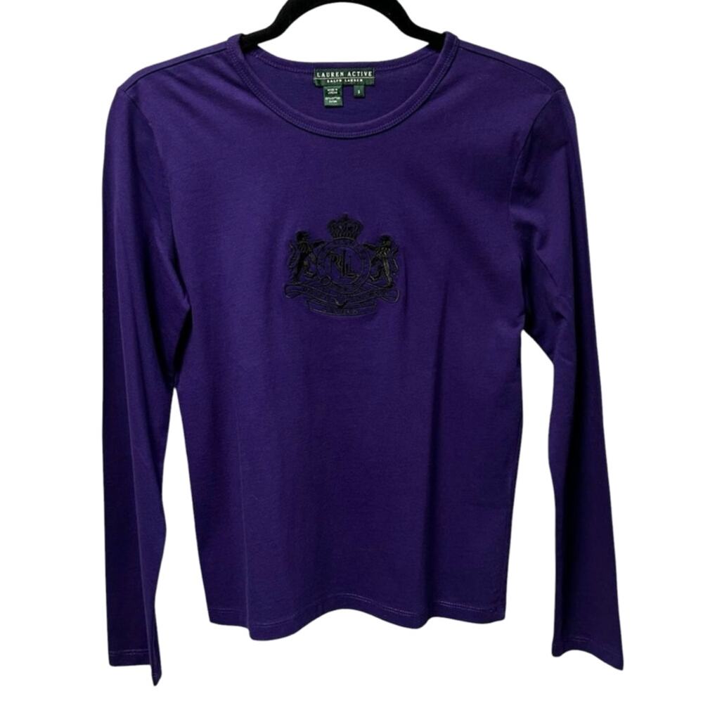 Lauren Active Y2K Purple Black Crest Graphic Logo Long Sleeve Tee Womens Small